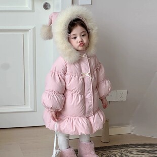 VYEO女童冬季中长款羽绒服2026新款洋气儿童连帽蝴蝶结白鸭绒冬装