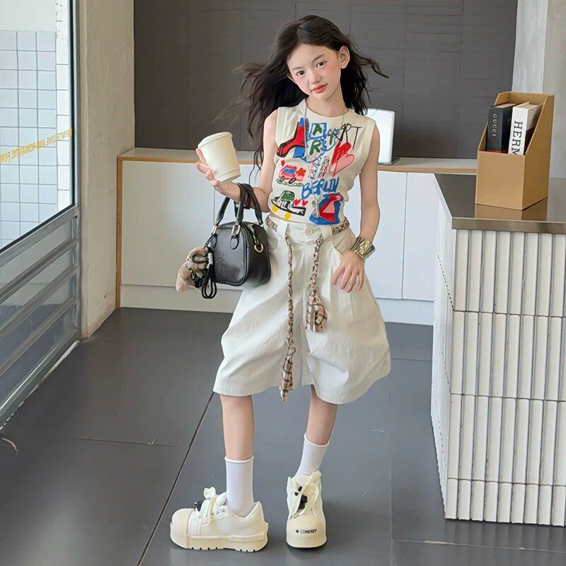 女童夏季无袖吊带背心T恤上衣图片