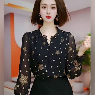 真丝雪纺上衣女士衬衣长袖 新款 法式 夏季 气质小衫 妈妈波点印花衬衫