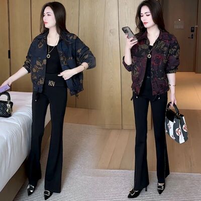 中老年印花翻领夹克短外套女秋冬