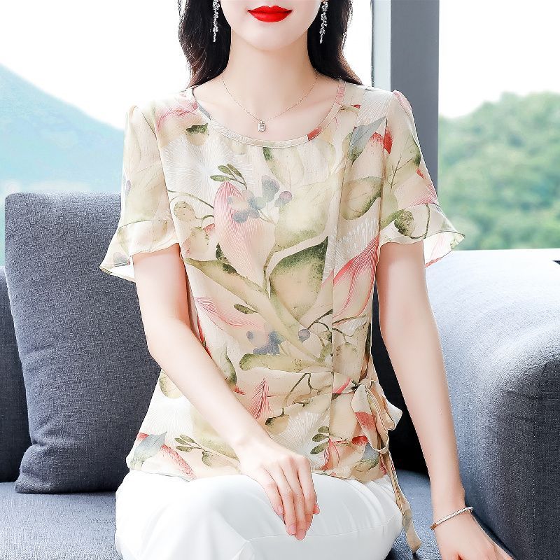 花色圆领雪纺衬衫女2025夏季新款时尚百搭小衫宽松显瘦女士上衣夏
