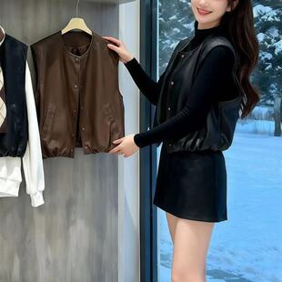 复古皮马甲女款春秋pu皮衣背心百搭叠穿外搭短款无袖坎肩马夹外套