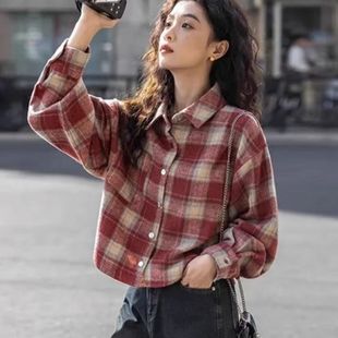 美式复古加厚红色格子衬衫外套女装秋冬设计感宽松慵懒风长袖上衣