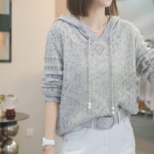 大码灰色镂空薄款针织连帽衫女2026年春秋季新款宽松百搭长袖上衣