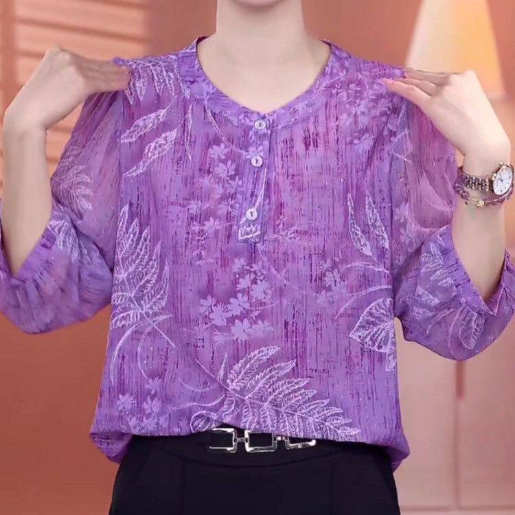 时尚紫色衬衫女士夏季新款妈妈装印花圆领七分袖小衫洋气显瘦上衣