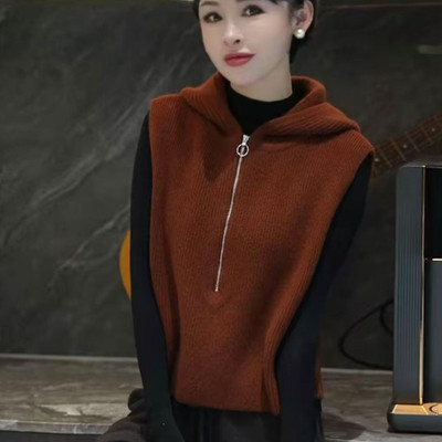 欧货秋冬连帽毛衣马甲女装