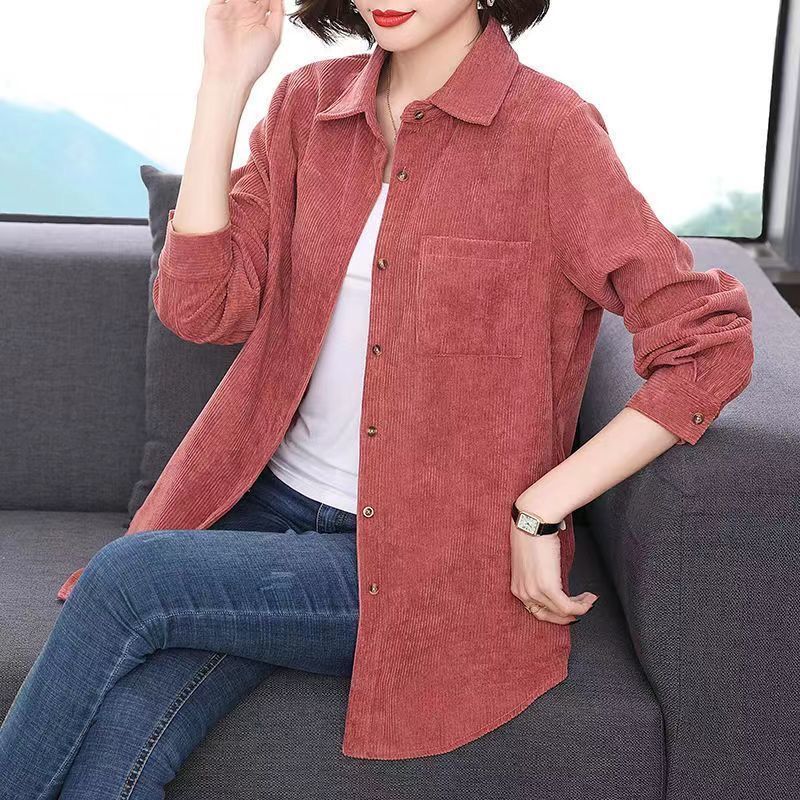大码女士衬衫中长款灯芯绒长袖