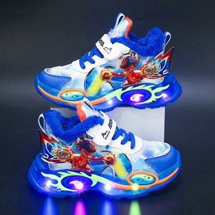 3秋冬款哪吒加绒男童鞋子潮4男宝5红色儿童夹棉鞋男孩带灯发光6岁