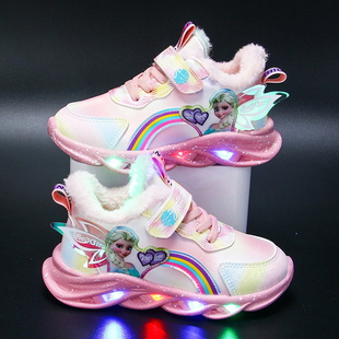 2儿童鞋子冬加绒3女宝4女童运动鞋带灯发光5女孩夹棉鞋薄8公主6岁