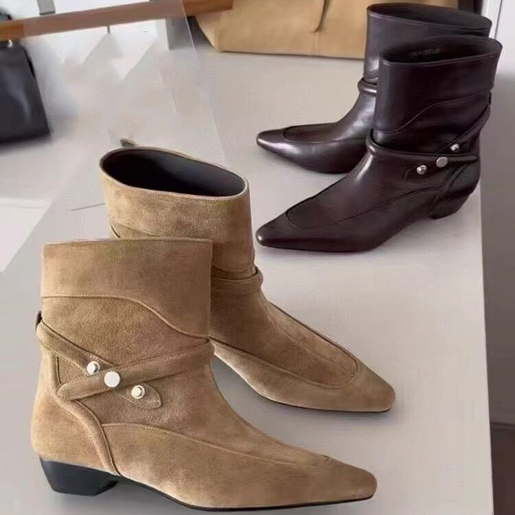 欧货2025新款真皮尖头短靴女短筒小众拉链名媛瘦瘦靴低跟骑士靴,女鞋,时装靴,淘宝优惠券,粉丝福利购,淘宝优惠卷
