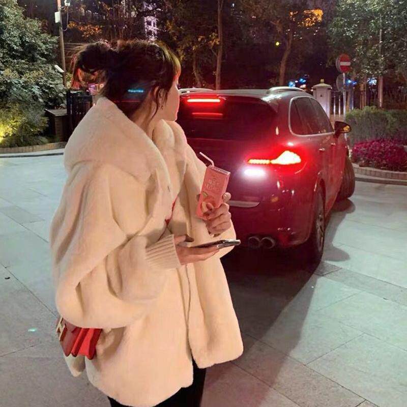 年冬季女宽松连帽加绒加厚中长款仿濑兔毛外套百搭皮草大衣