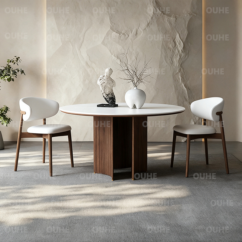 轻奢岩板圆形餐桌椅组合
