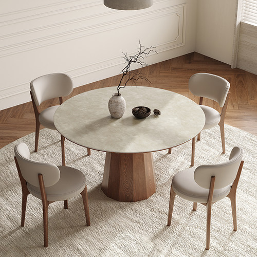 北欧实木圆桌带转盘岩板餐桌