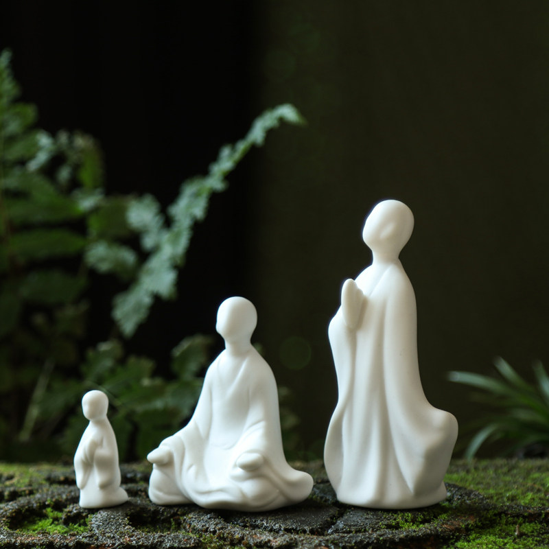 禅意小和尚鱼缸摆件陶瓷无相佛人物盆景造景观简约系中式桌面装饰