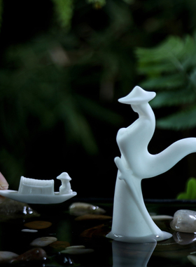 陶瓷迷你人物小船李白禅意微景观盆景鱼缸装饰配件家居造景小摆件