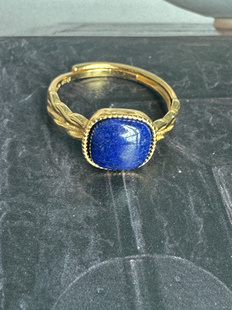 天然青金石方形925银镀金戒指