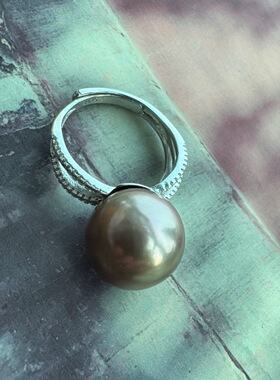 土金 天然爱迪生珍珠正圆无暇925银戒指