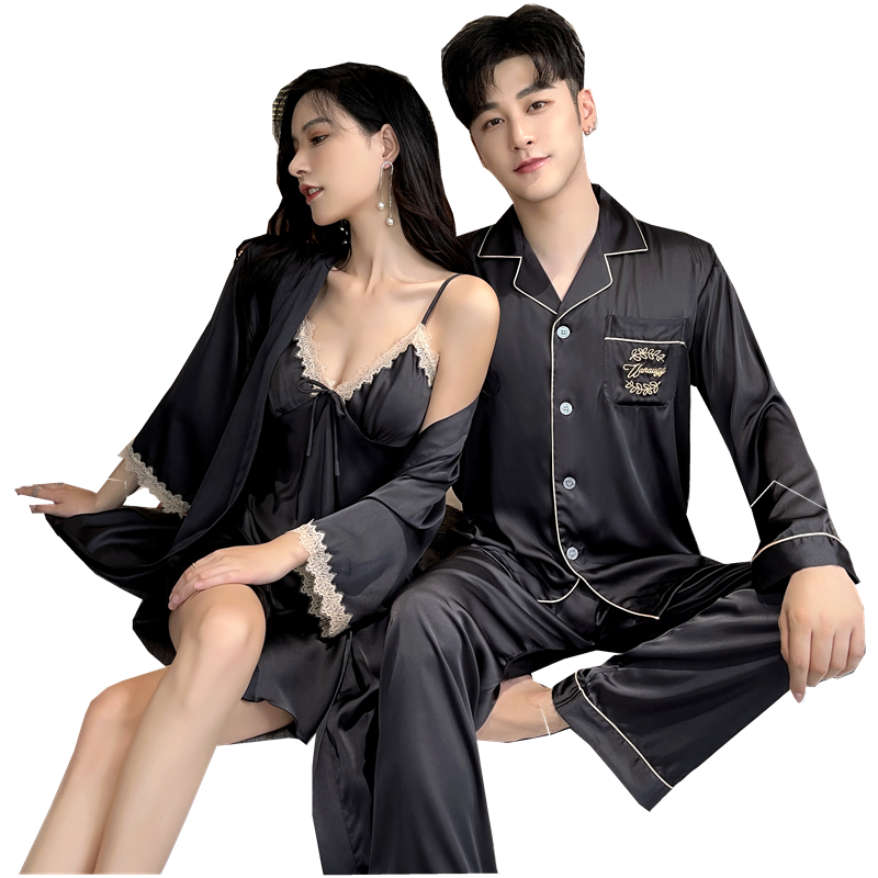 春秋季冰丝绸情侣睡衣卢欧卡女