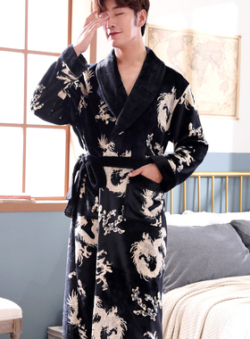 法兰绒睡袍男睡衣女情侣浴袍长款秋冬季龙袍加厚珊瑚绒家居服浴衣