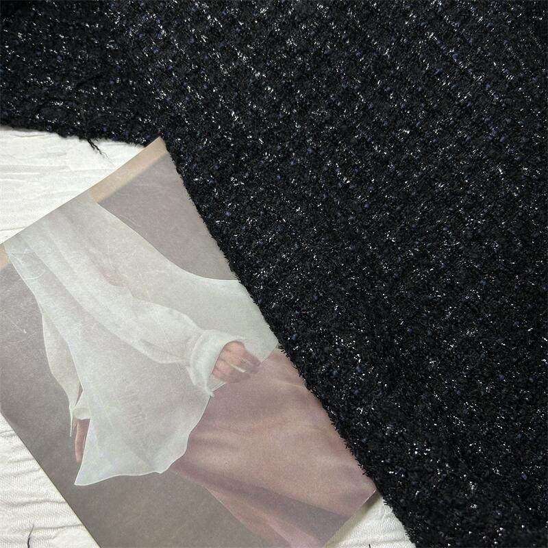 意大利进口经典黑蓝色圈圈羊驼毛亮丝格纹编织羊毛粗花呢香风面料