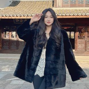 CIWEN横排V领紫金天鹅绒立领复古松弛慵懒风水貂外套短长装