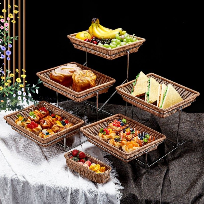 酒店创意三层面包点心水果篮仿藤编带盖自助餐蛋糕托盘食物展示架