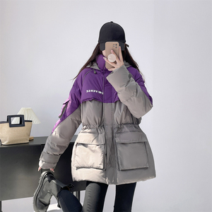 拼接撞色连帽工装加厚反季羽绒服女冬季宽松设计感白鸭绒收腰外套
