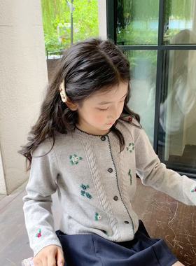 25秋冬新款女童灰色圆领花朵开衫扭花手工刺绣针织重工毛衣羊毛衫