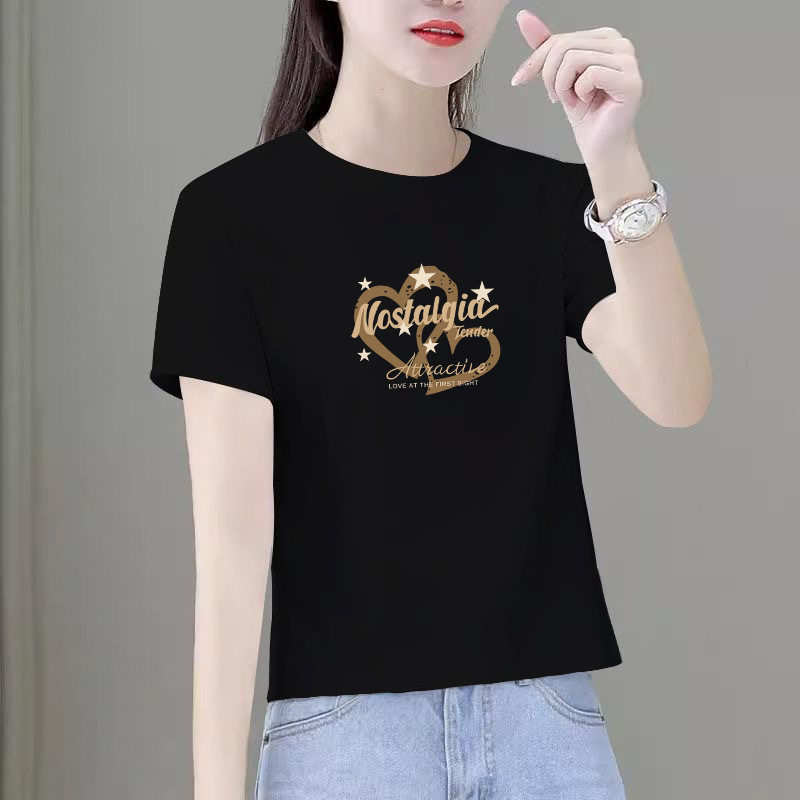 黑色高品质短款T恤圆领正肩爱心印花上衣女装夏百搭显瘦纯棉短袖