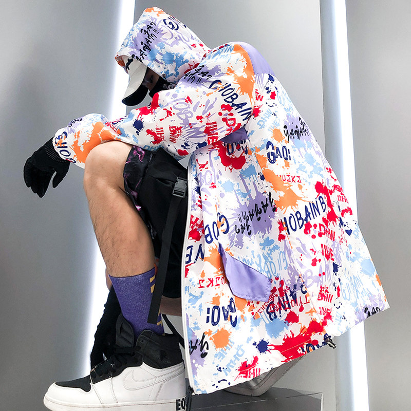 夏季国潮防晒衣服男士户外运动超薄速干外套透气喷溅彩色印花上衣