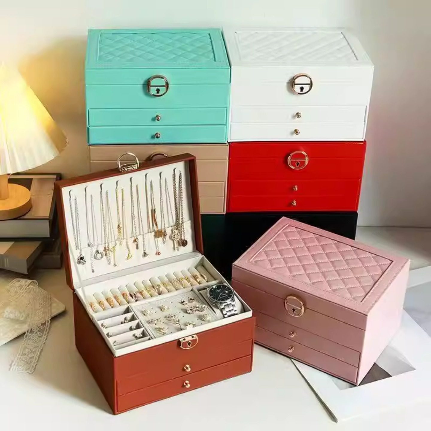 首饰收纳盒多层带锁耳饰项链戒指手镯精致饰品防氧化大容量