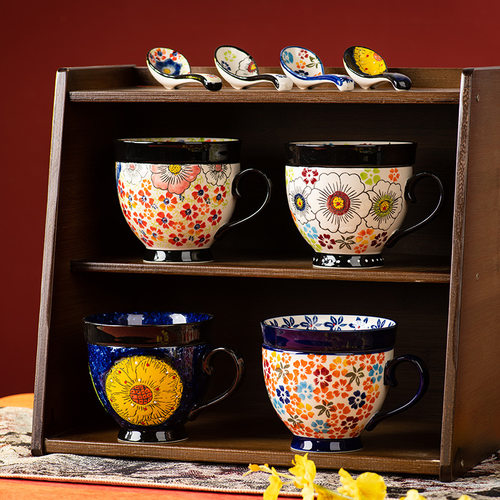 陶瓷杯子水杯马克杯大容量办公室牛奶燕麦杯家用早餐杯田园风复古