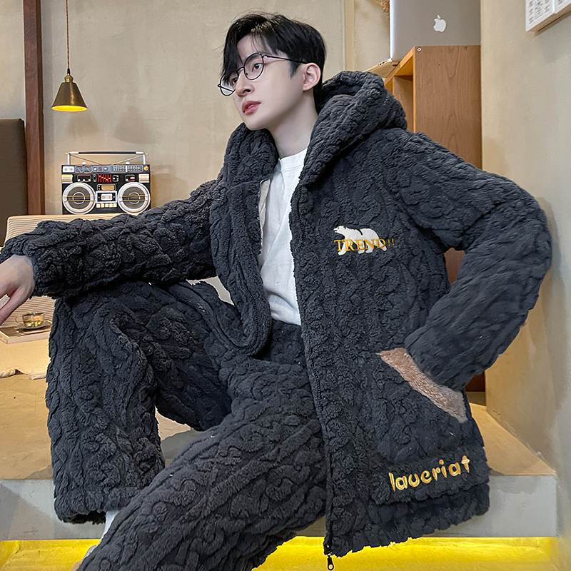 男士冬季加绒三层夹棉拉链睡衣