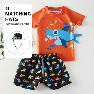 儿童泳衣分体短袖男童泳装防晒速干沙滩裤男孩海边度假泳裤遮阳帽