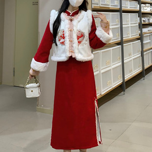 秋冬大码新中式改良旗袍裙子新年拜年红色连衣裙加绒马甲两件套装