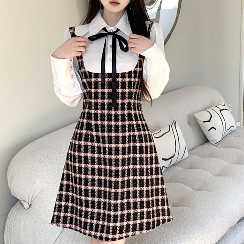 学院风假两件毛呢格子背带裙秋冬大码遮肚显瘦法式甜美漂亮连衣裙