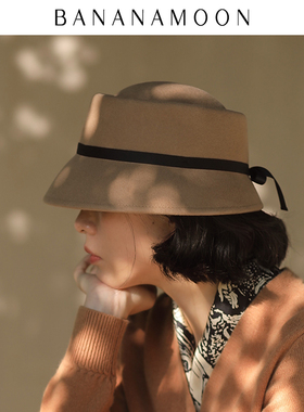 英伦复古优雅毛呢盆帽蝴蝶结法式礼帽渔夫帽秋冬羊毛女帽毛毡帽