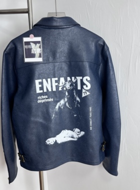 ERD忧郁的富二代24ss公牛龟裂小羊皮夹克外套藏蓝机车夹克男女款