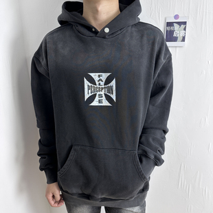 25SS西海岸False Perception 裂纹十字印花水洗做旧连帽衫卫衣潮