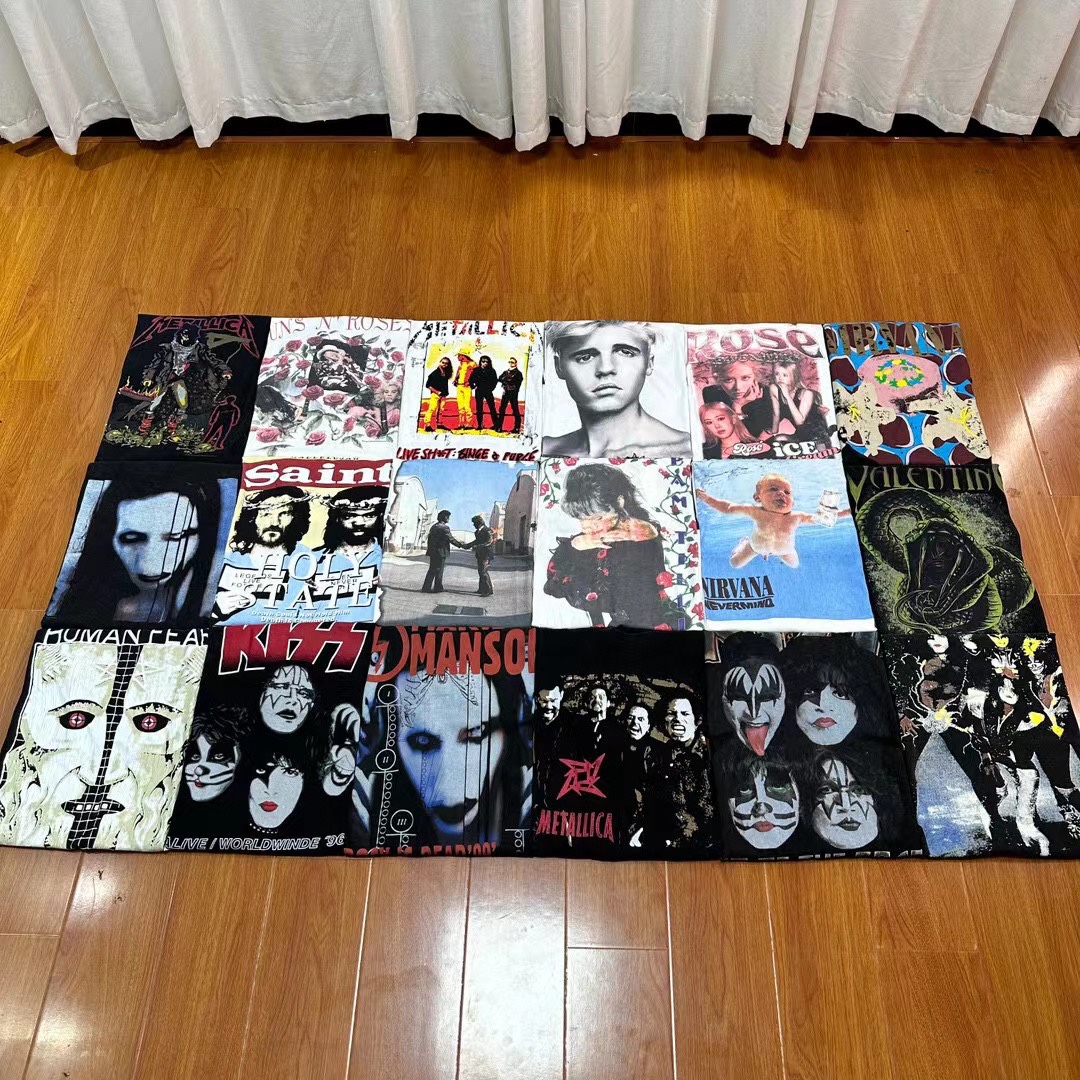 vintage白墨印花高街水洗做旧复古vtg曼森潘多拉柯本高街潮牌短袖