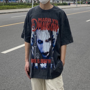 正确版Vtg玛丽莲曼森短袖白墨直喷240g棉欧美风高街水洗复古T恤男