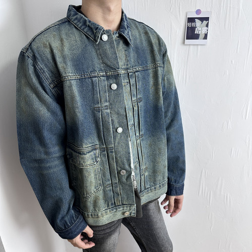 erd忧郁的富二代FW25 褶皱做旧单排扣夹克牛仔外套男女款宽松上衣