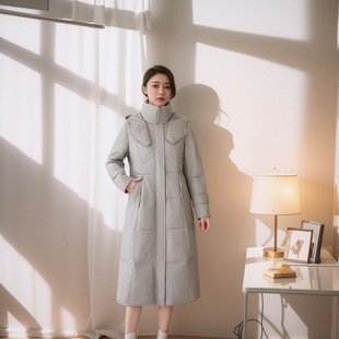 海宁冬季真皮羽绒服连帽长款时尚绵羊皮百搭外套保暖大码女装修身