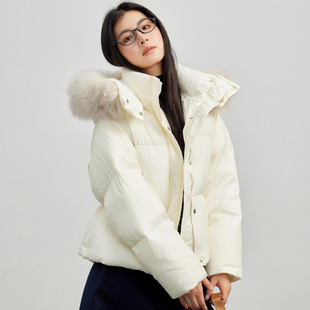 连帽狐狸毛领面包羽绒服女宽松纯色外套白鸭绒立领泡芙抽绳显瘦