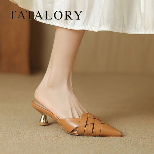 TATALORY时尚编织尖头猫跟凉拖鞋