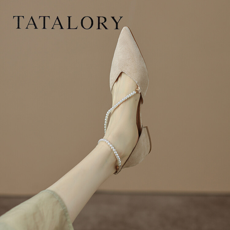 TATALORY小众珍珠包头凉鞋女平底