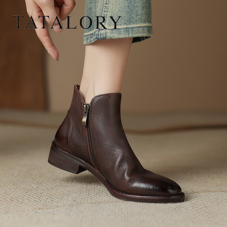 TATALORY法式复古真皮中跟及裸靴