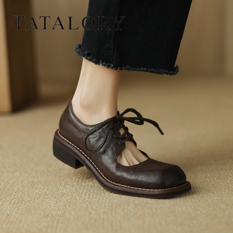 TATALORY女鞋粗跟复古法式小皮鞋