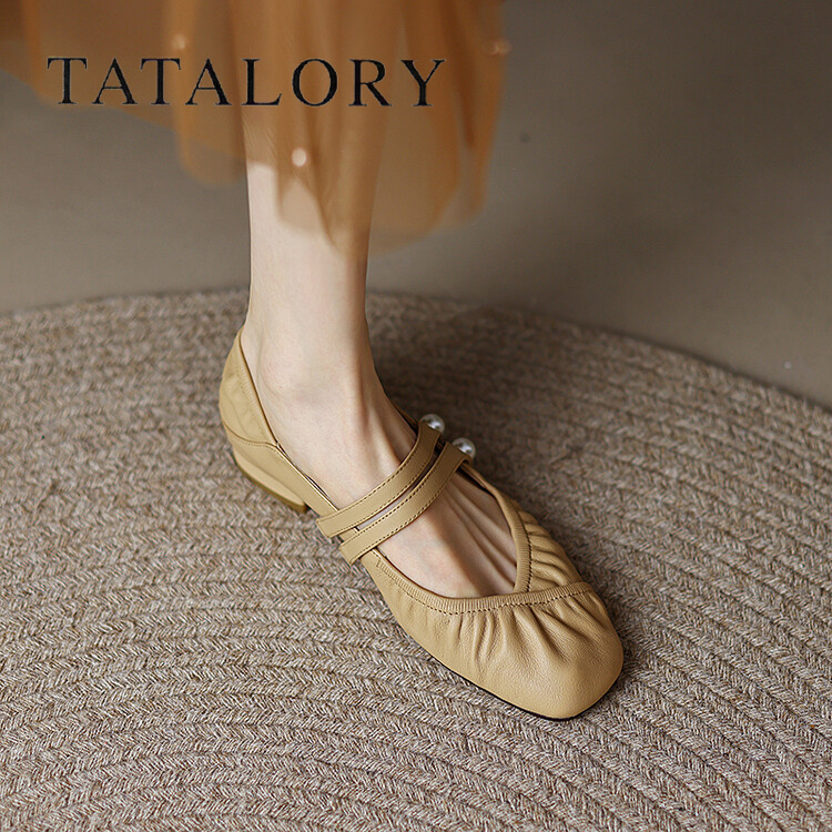 TATA LORY女鞋褶皱奶奶鞋法式踩跟平底芭蕾舞软皮软底玛丽珍单鞋