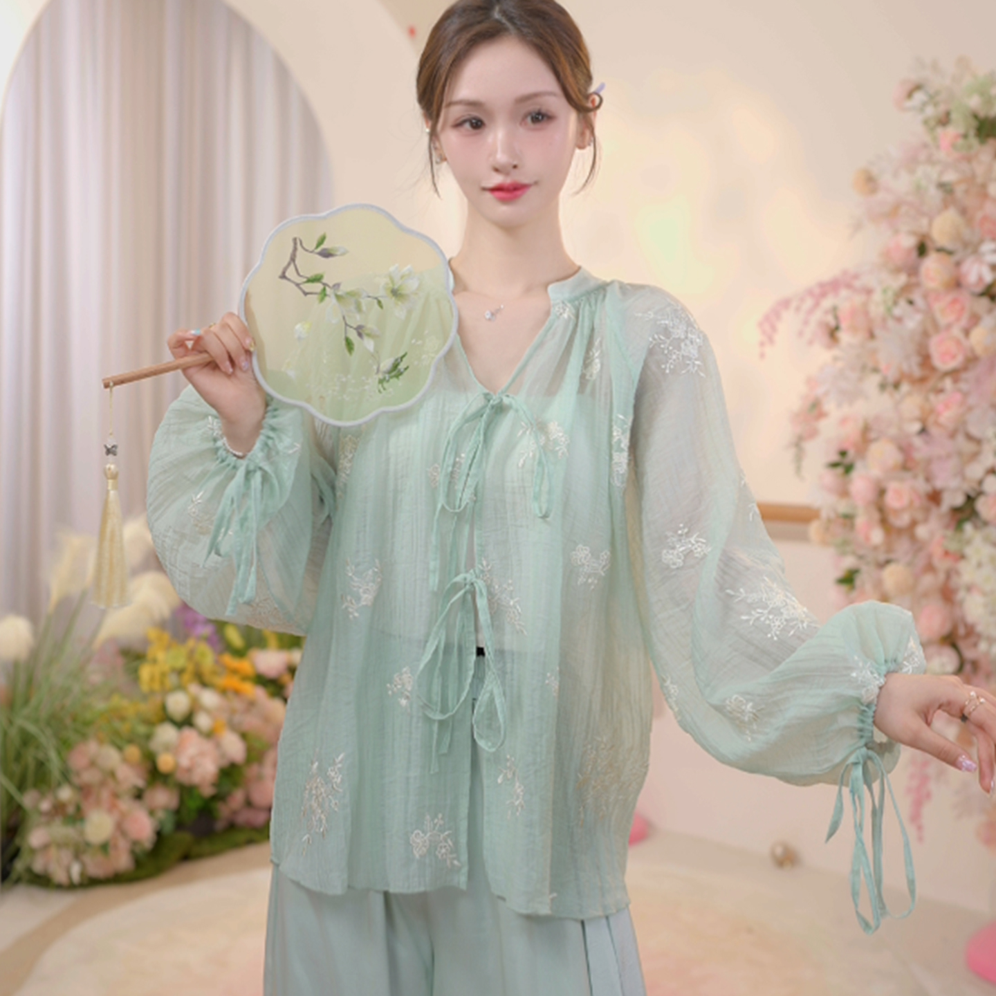 古典印花网纱长袖上衣